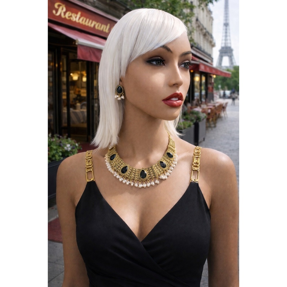 Jewelry Set Women Gold-Tone with Black Stones and White Pearls‎